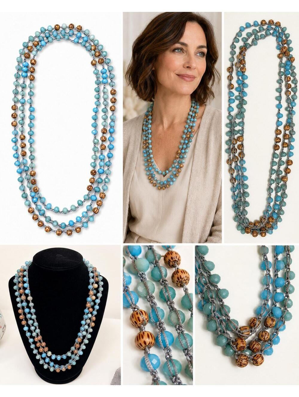 Boho Turquoise Blue Beaded Necklace 78” Multi-Strand Braided Wood Accent